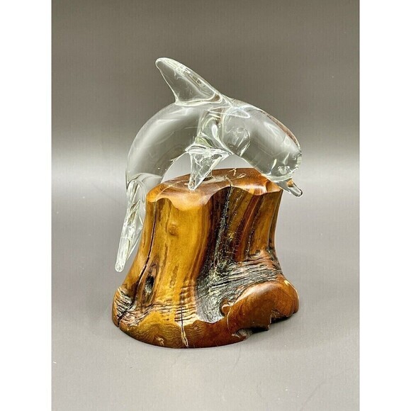 Vtg Clear Glass Dolphin Figurine On Wood Base 4" Hx 2.5" L - Picture 1 of 7
